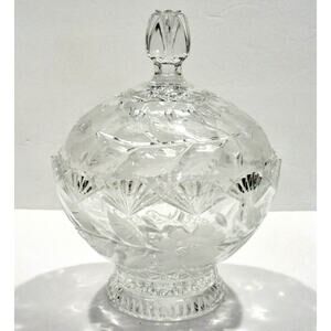 VTG Crystal CANDY DISH Box + Lid Rests Inside Fan Scalloped Edges Rose Cut Glass